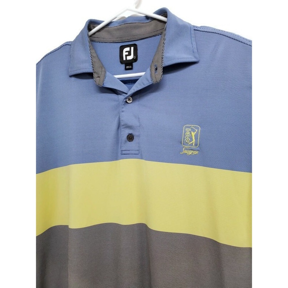 FootJoy Mens L TPC Sawgrass ProDry Golf Polo Shirt Blue Yellow Colorblock Stripe